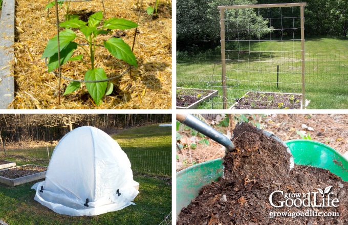 collage image of mulch, trellis, compost, and dome