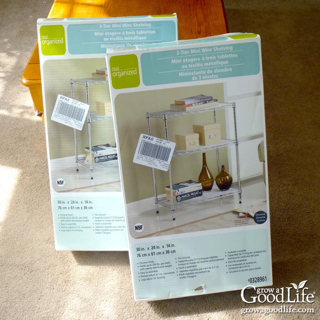 Two boxed 3-tier wire shelving units used to build a DIY grow light shelf for starting seeds indoors.