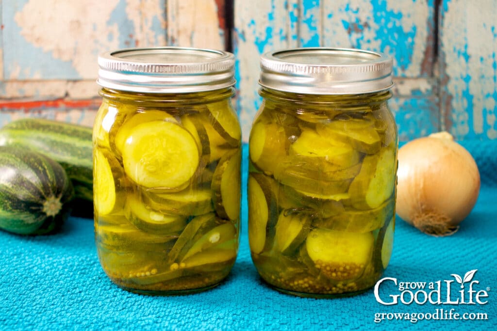 Finished jars of bread and butter zucchini pickles cooling after water bath canning.