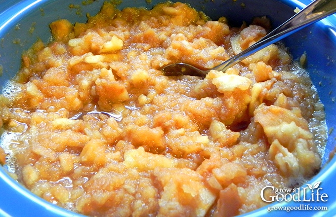 partially cooked applesauce in a blue crockpot