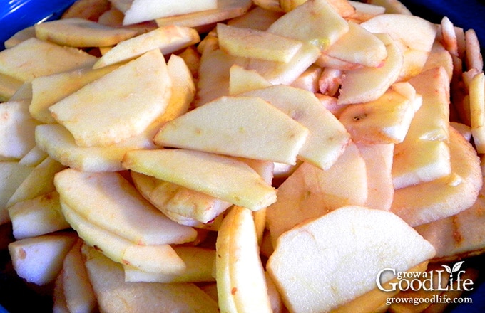 sliced and peeled apples in a blue slow cooker crock
