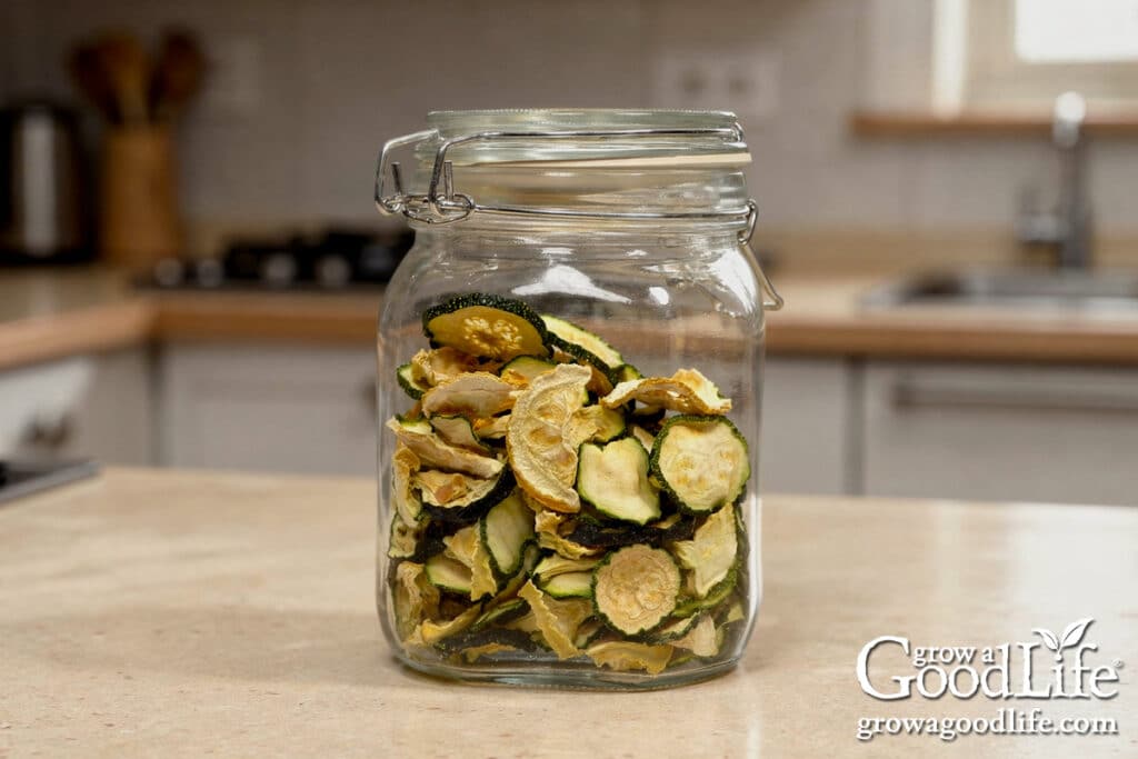 A jar filled with dehydrated zucchini slices for pantry storage.