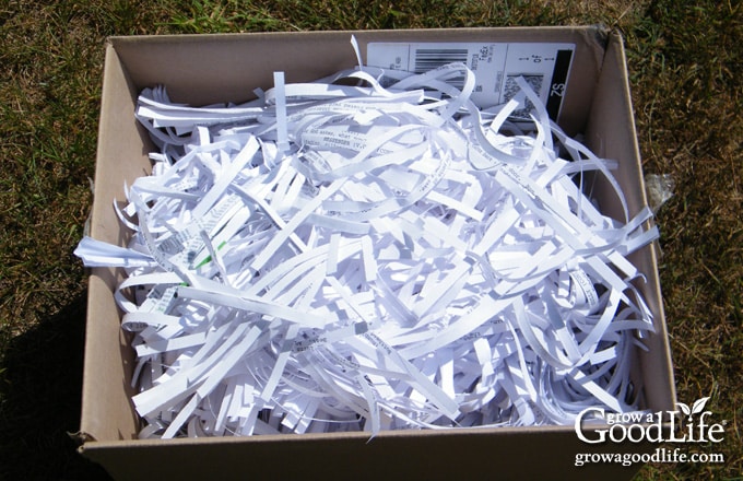 Box of shredded paper saved for packing potatoes in winter storage.