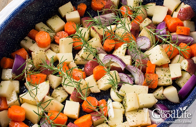 chopped vegetables spread out in a roasting pan ready to go into the oven