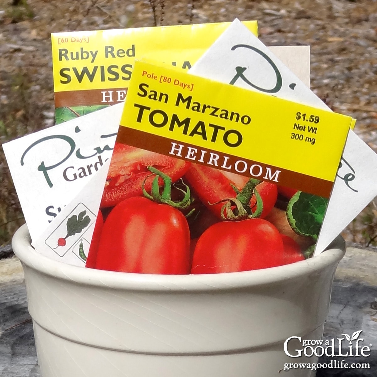 A plant pot filled with colorful seed packages.