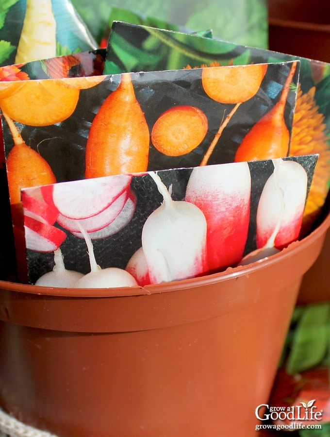 seed packages in a flower pot