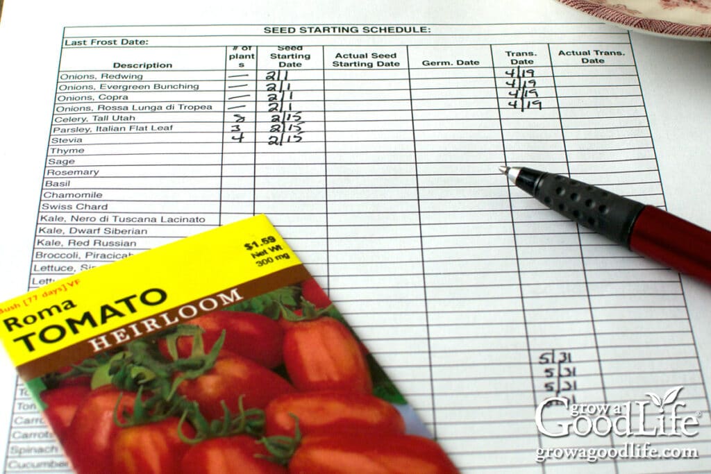 Close-up of a seed starting chart showing handwritten sowing and transplanting dates.