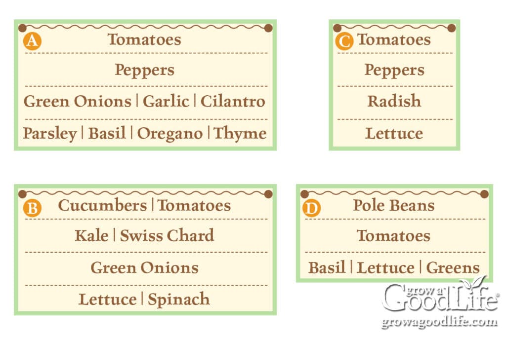 Simple garden layout illustrations showing raised bed vegetable garden design ideas with labeled planting plans.