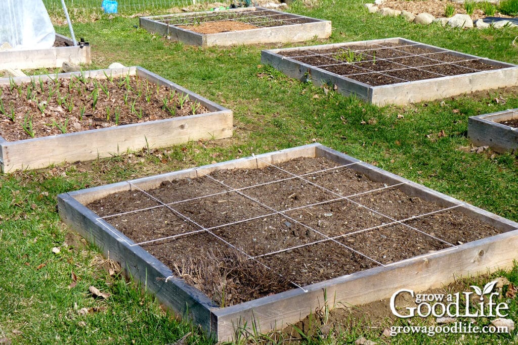 Empty square foot garden beds neatly divided into grids and ready for spring planting.