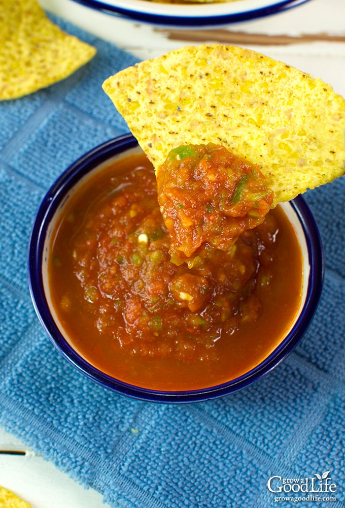 This garden fresh salsa recipe takes advantage of seasonal ingredients. It is so easy to make, just toss the ingredients into a food processor or blender, pulse it to the consistency you like, and enjoy.