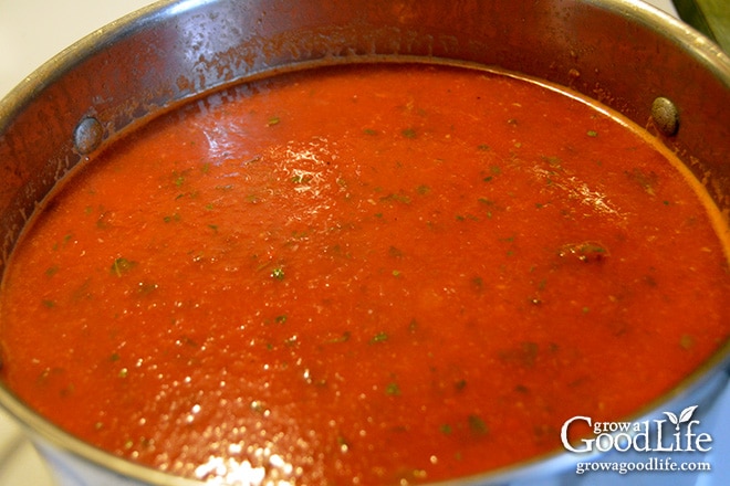 pot of homemade tomato sauce ready for canning