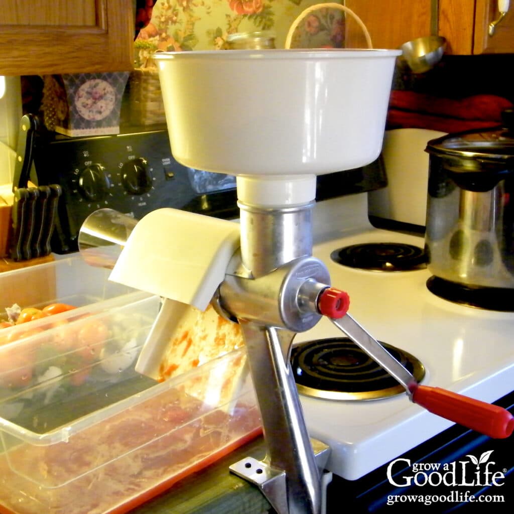 Straining the cooked tomato sauce through a Victorio food strainer to remove skins and seeds before canning.