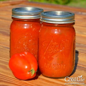 Two pint jars of seasoned tomato sauce for canning on a wooden table.