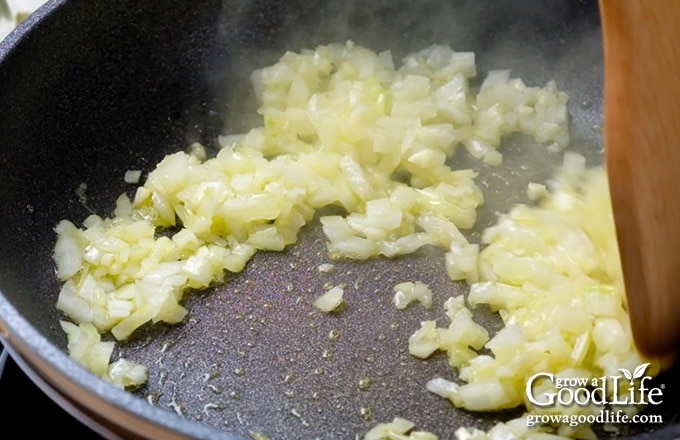 closeup of sautéing onions and garlic