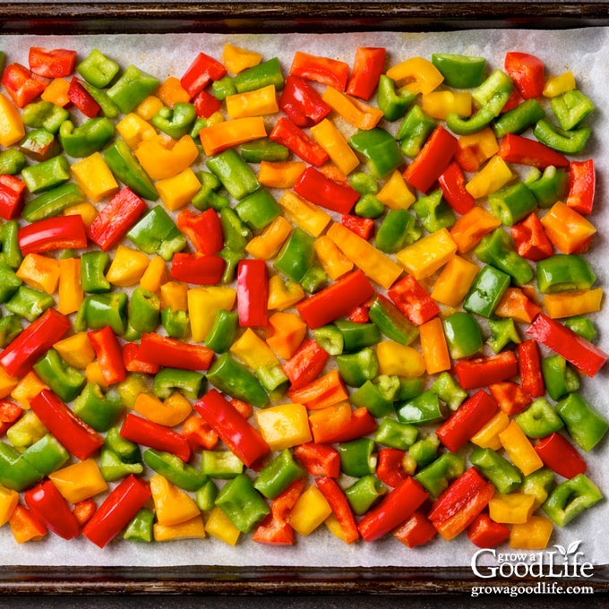 Diced bell peppers spread on a baking sheet for flash freezing before storing.