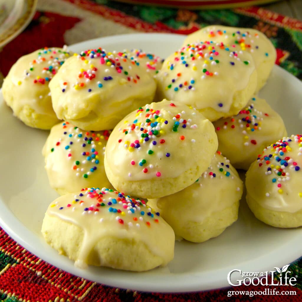A plate of Italian anise cookies on a table.