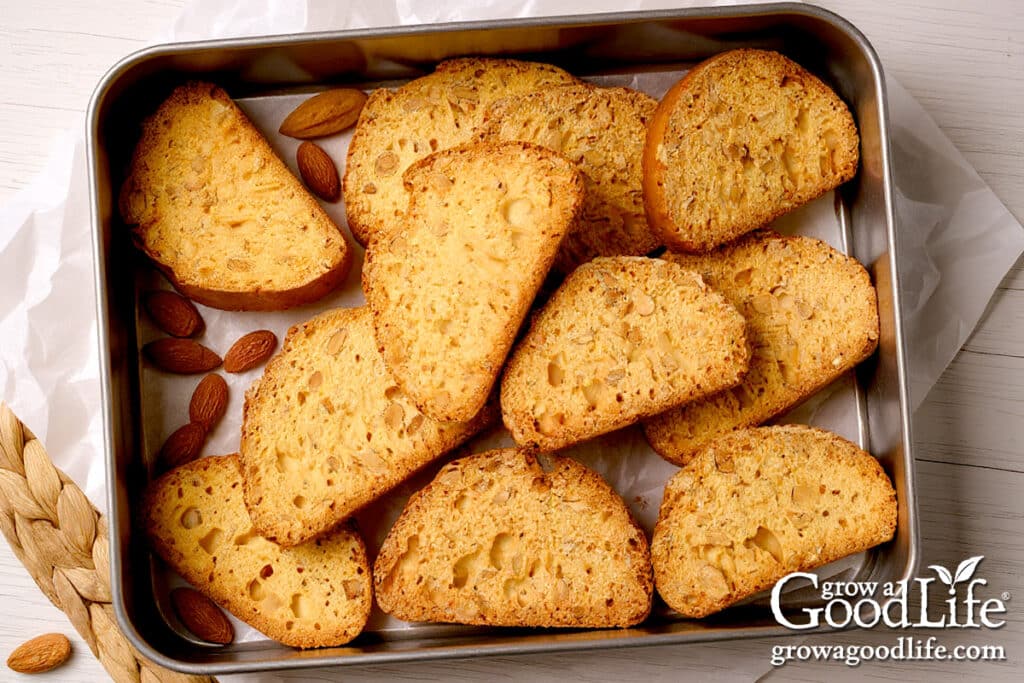 Homemade Italian anise biscotti in a gift tin.