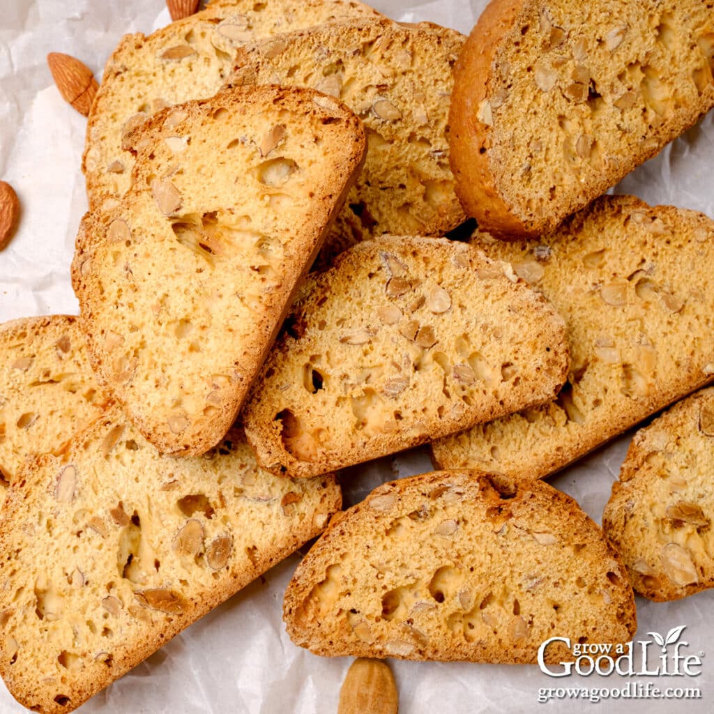 Freshly baked toasted almond anise biscotti on a table.