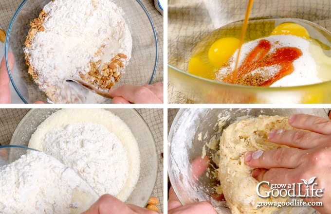 Mixing dry ingredients, wet ingredients, combining, and forming a dough.