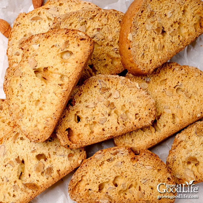 Freshly baked toasted almond anise biscotti on a plate.