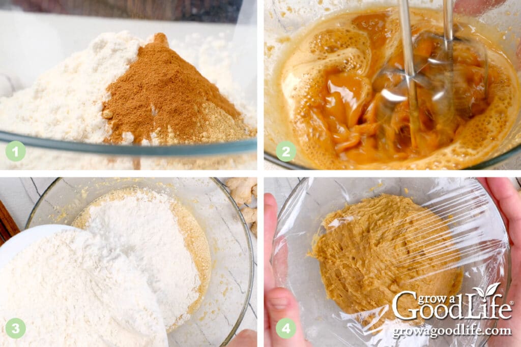 Photo collage showing the steps for making molasses cookie dough.