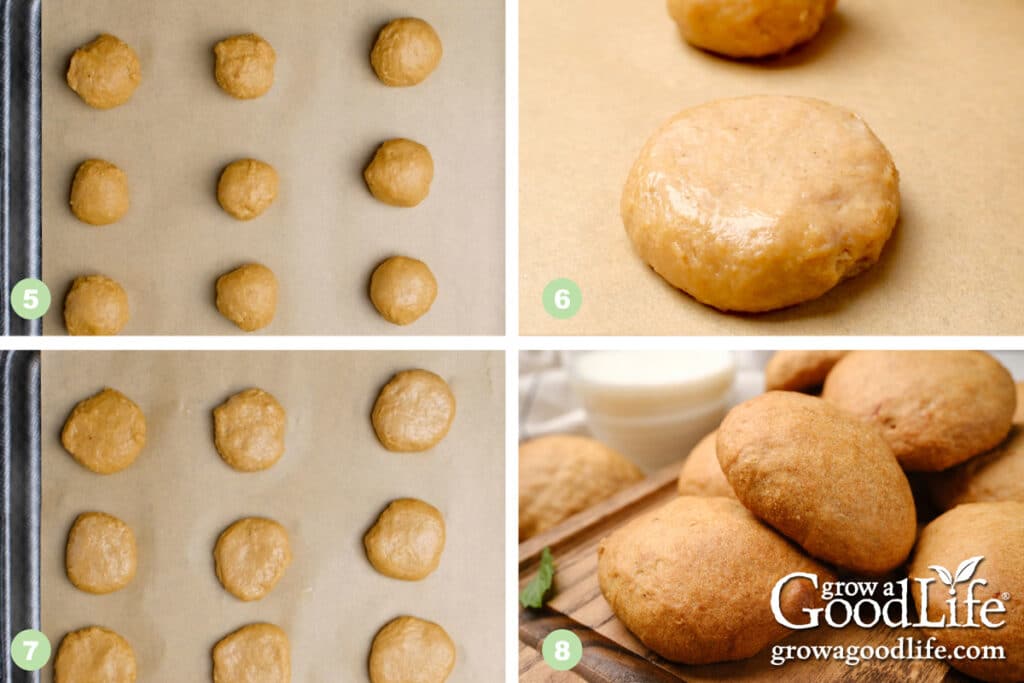 Photo collage showing the steps to shape and bake the molasses cookies.