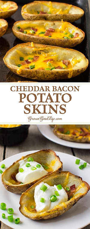 Potatoes, bacon, and cheddar cheese are a delicious combination! Enjoy these potato skins as an appetizer, snack, or side dish. Potatoes, bacon, and cheddar cheese are a delicious combination! Enjoy these potato skins as an appetizer, snack, or side dish.
