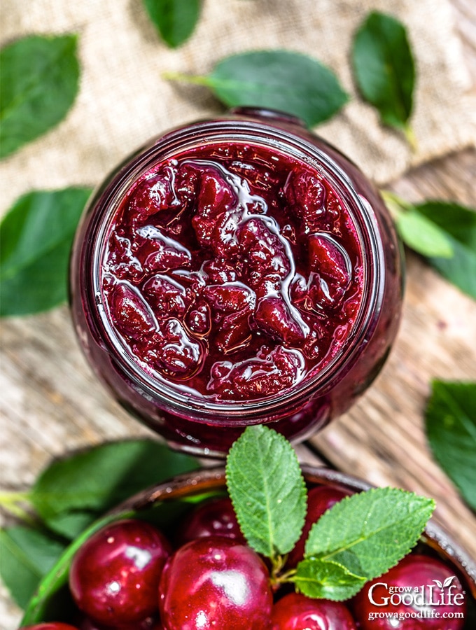 overhead photo of a jar of cherry jam