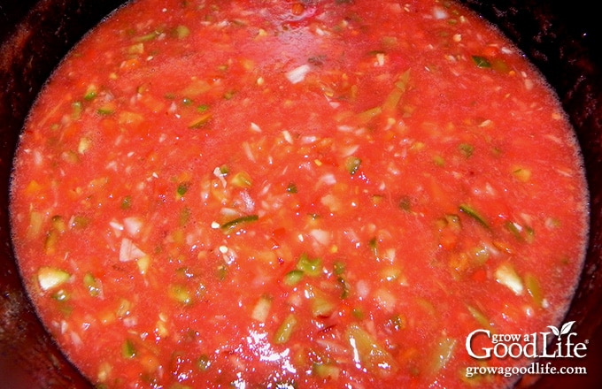 Overhead photo of the salsa simmering on the stove