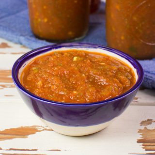 This salsa is packed with tomato, peppers, onions, and just enough spicy tingle to tickle your taste buds. Open a jar any time and enjoy with tortilla chips or with your favorite Mexican inspired meals.