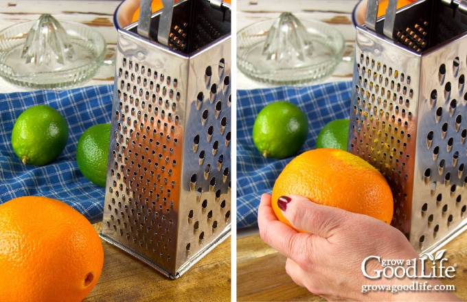 Showing the steps for zesting citrus fruit with a box grater