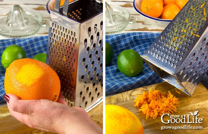 Showing the steps for zesting citrus fruit with a box grater
