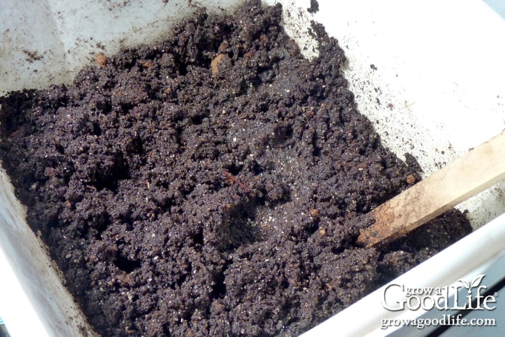 Mixing the ingredients for the soil block mix in a dishpan.