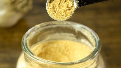 overhead image of a spoon of garlic powder