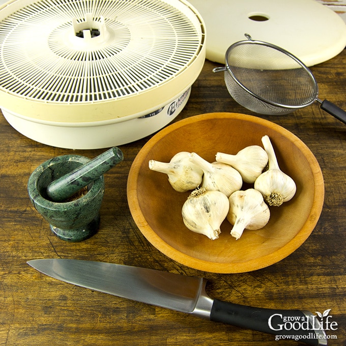 ingredients and equipment to dehydrate garlic for homemade garlic powder