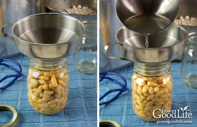 filling the jars with rehydrated beans and topping off with hot water