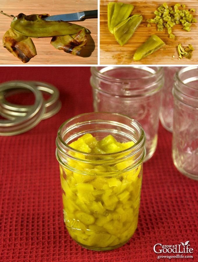 Peeling, dicing, and canning chile peppers.