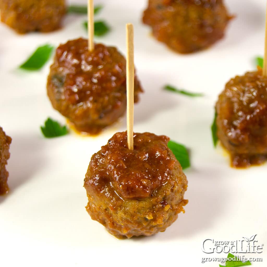 A white serving tray with bite-sized barbecue meatballs skewered with toothpicks for party appetizers.