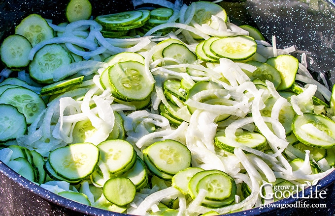 sliced cucumbers and onions in a pot of pickling brine