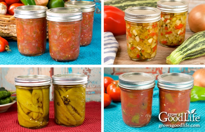 Shelf-stable jars of canned pepper recipes including salsa, relish, green chile peppers, and tomatoes and chiles.