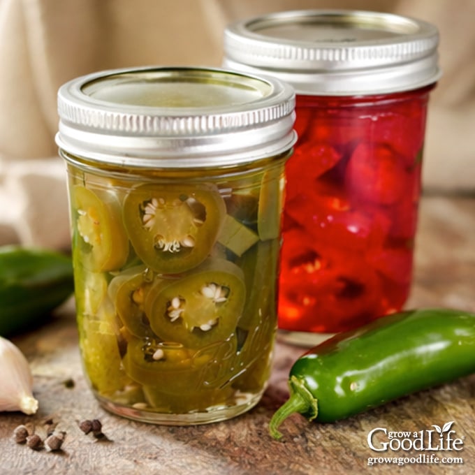 A jar of pickled jalapeno rings on a table.