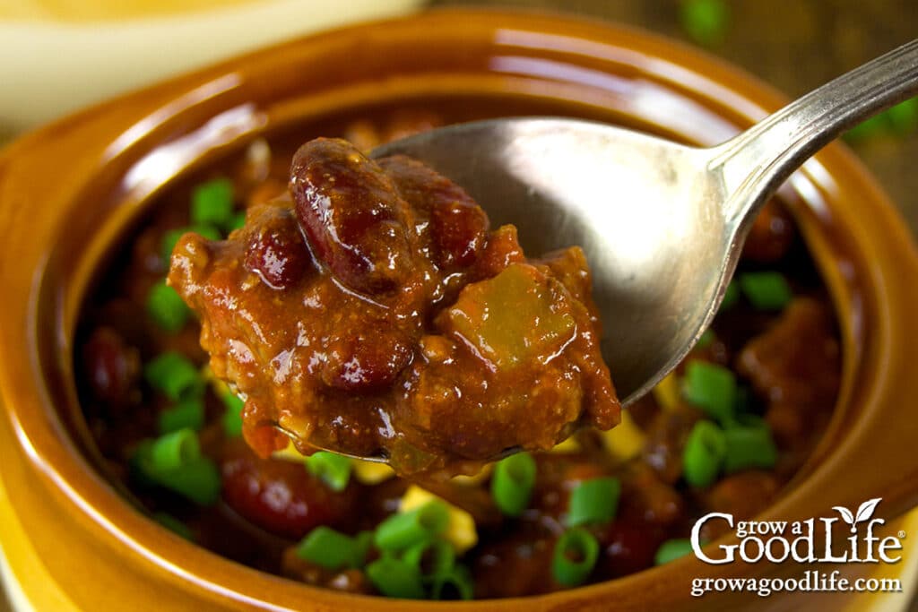 Serving a bowl of slow cooker chili with a spoon.