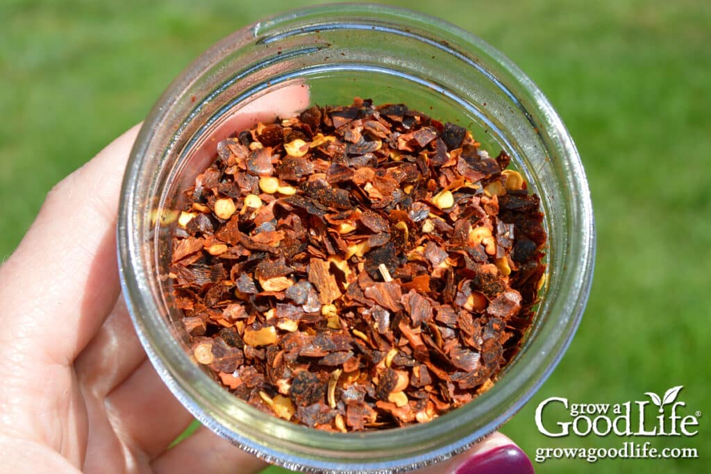 Close-up of crushed red pepper flakes in a glass jar.