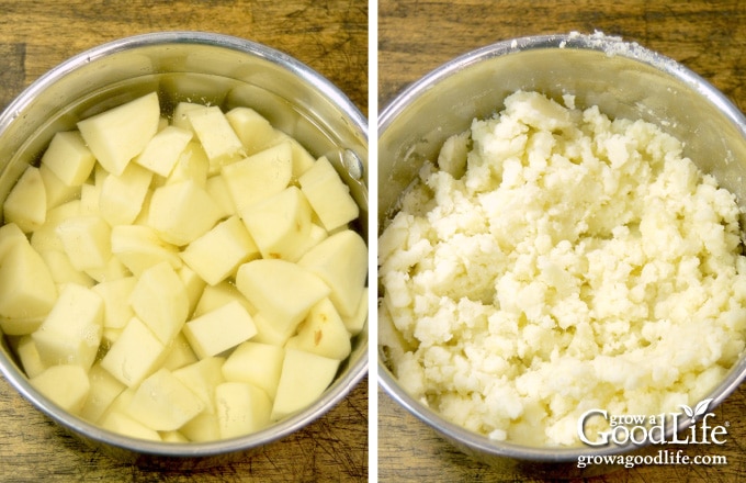 closeup of potatoes in pot before and after mashing