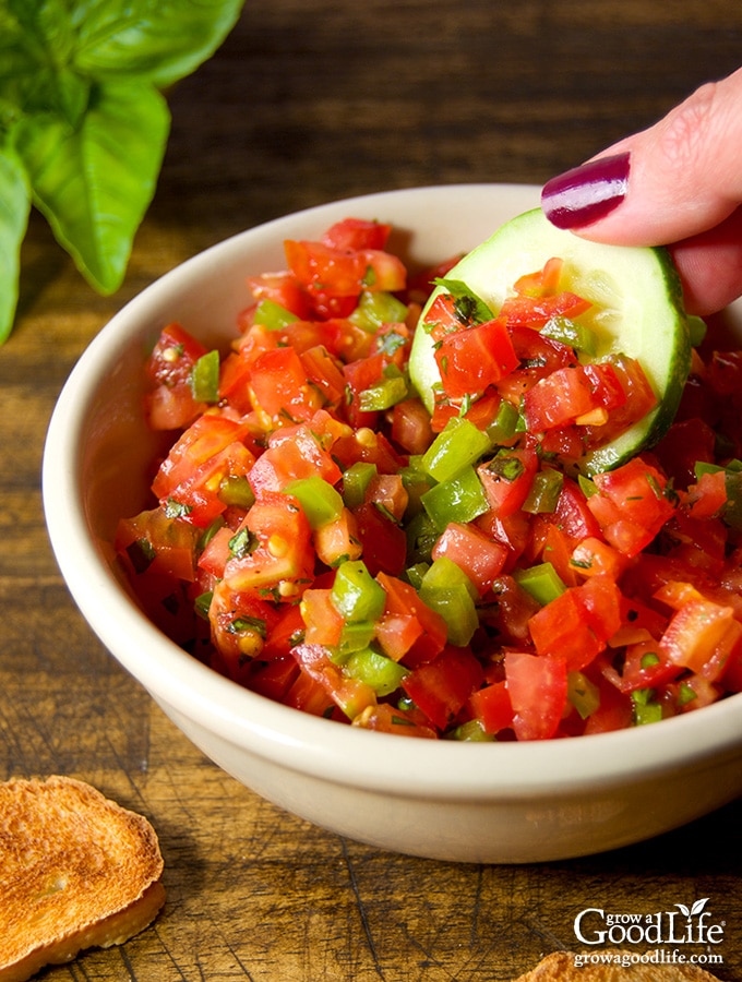 This Italian Salsa Cruda is a great way to enjoy ripe summer tomatoes, sweet bell peppers, and fresh Italian herbs. It is perfect for bruschetta, tossed with pasta, or spooned over grilled meat or fish.