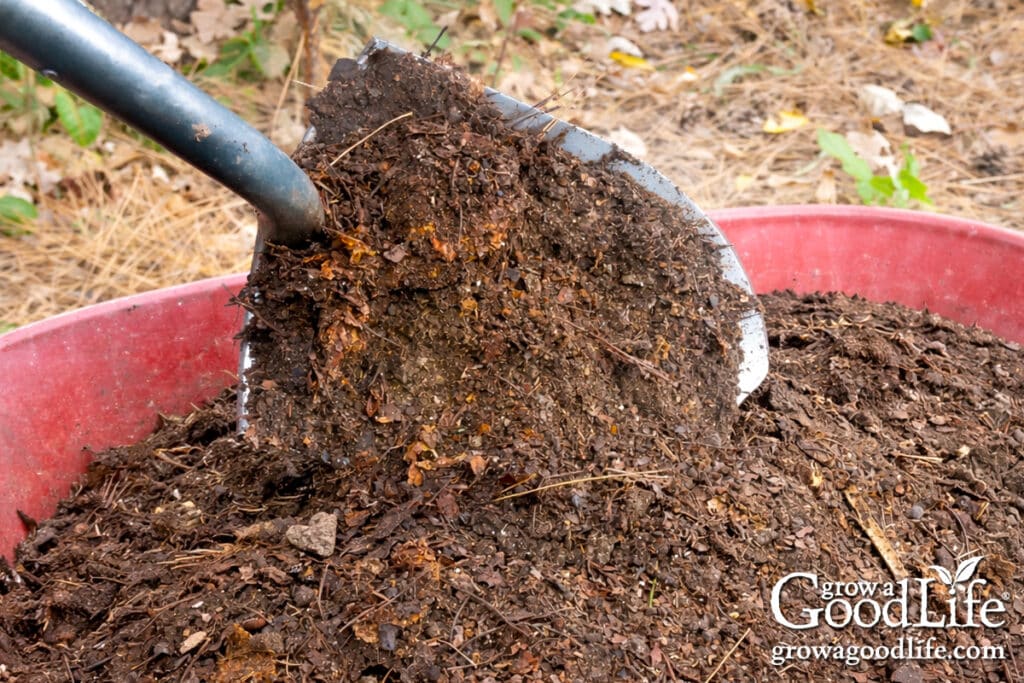 Wheelbarrow filled with finished compost and a garden shovel ready for spreading in vegetable garden beds.