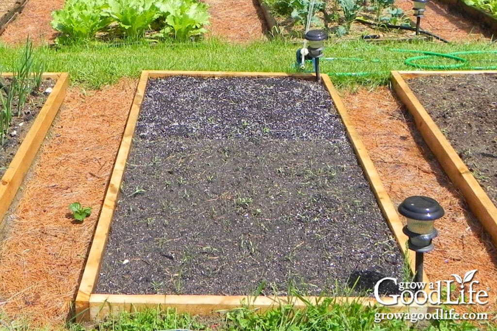 Raised vegetable garden bed filled with rich, dark soil ready for planting.