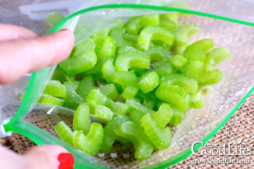 Open freezer bag filled with frozen celery slices.