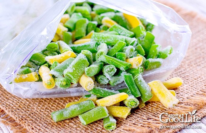 green and yellow string beans in a freezer bag