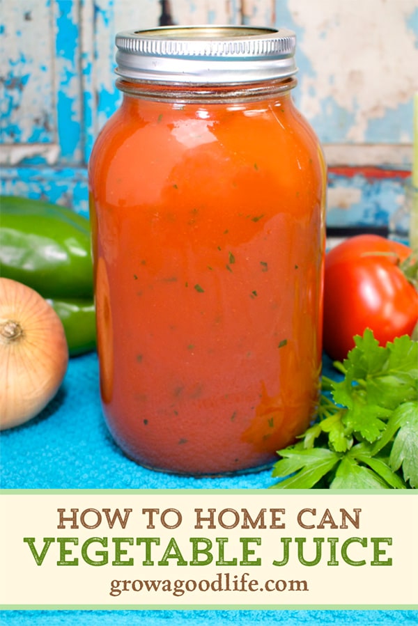 quart jar of tomato vegetable juice on a blue towel